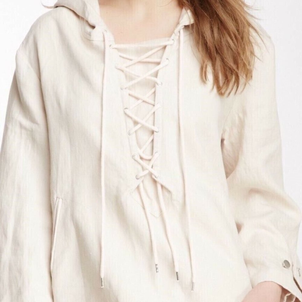 Rebecca Minkoff Womens Sz M Linen Beige Poncho Hoodie Long Sleeve With Button